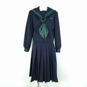 1円 セーラー服 スカート スカーフ 上下3点セット 165A 大きいサイズ 冬物 緑3本線 女子 学生服 大分三重中学 紺 制服 中古 ランクC NA8995