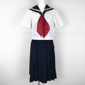 1円 セーラー服 スカート スカーフ 上下3点セット 夏物 白3本線 女子 学生服 高知商業高校 白 制服 中古 ランクC NA8859