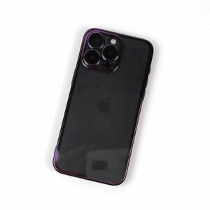 iPhone 15 Pro Max用 高品質ソフトケース 電解メタル レンズフィルム付 カバー シンプル クリア カメラフル保護 パープル