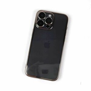 iPhone 15 Pro Max用 高品質ソフトケース 電解メタル レンズフィルム付 カバー シンプル クリア カメラフル保護 シルバー