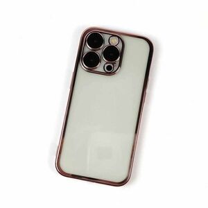 iPhone 14 Pro用 高品質ソフトケース 電解メタル レンズフィルム付 カバー シンプル クリア カメラフル保護 ピンク