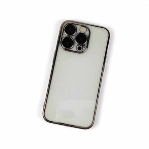 iPhone 14 Pro用 高品質ソフトケース 電解メタル レンズフィルム付 カバー シンプル クリア カメラフル保護 シルバー
