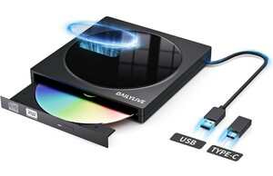 DAILYLIVE 読み出し&書き込み 外付けDVD・CDドライブ DVDレコ CD・DVD-Rプレイヤー USB3.0&Type-C両用 ケーブル内蔵 ブラック ミラー質感 