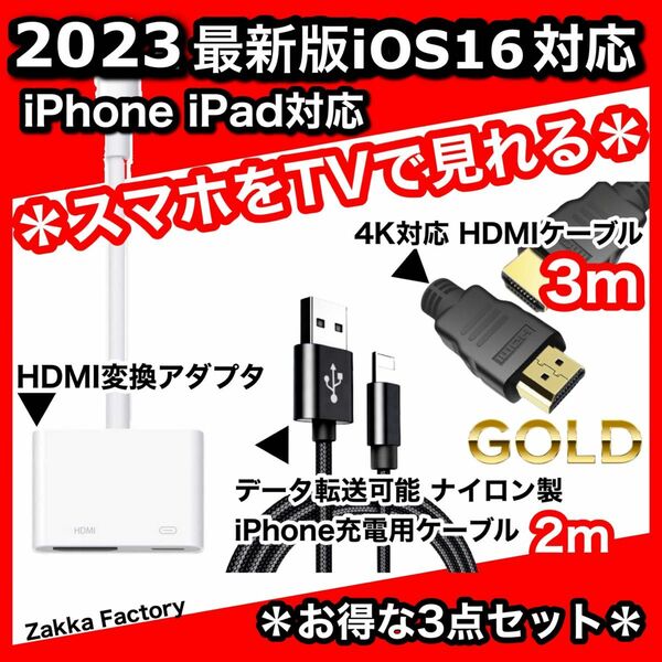 3点 3m iPhone iPad HDMI 変換アダプタ ケーブル テレビ スマホ iPhoneテレビ スマホテレビ