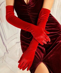 ベロア冬素材赤レッドストレッチロング手袋ダンスコスプレウエディンググローブ新品55cm丈