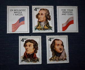 ポーランド切手　アメリカ独立200周年　３種＋２枚タブ　ワシントン、コンチェシュコ、プワスキ　1975年