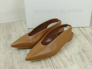 Manolo Blahnik マノロブラニク 20AW TAXEPAFLAT ポインテッドトゥ バックストラップ フラットパンプス34 キャメル レザー ロンハーマン