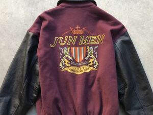 美品 当時物 JUN MEN 袖革 スタジャン ジュンメン JUNMEN メンズ ブルゾン ファラオジャケット 革ジャン 本革 牛革 レザー 刺繍 ワッペン