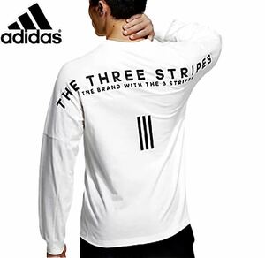 ▼新品【メンズ3XL(2XO)】白ホワイト ゴルフにオススメadidas アディダス 背面BIGロゴ クルーネック長袖シャツ　ヘビーウエイト コットン