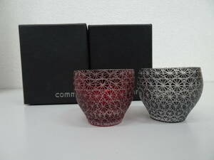 comma 工芸ガラス 切子ガラス ぐい呑み グラス 酒器 ペア レッド ブルー 底面名入れあり 激安1円スタート