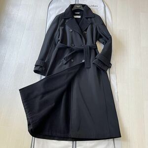 ★最高級銀タグ★マックスマーラ★ ベルテッドコート Max Mara ダブルブレスト★ ナイロンウール マキシ 美麗シルエット 黒 ブラック L相当