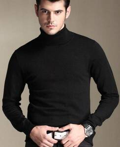 ★冬暖か着心地の良い紳士用カシミヤ・タートルネックセーター XL 黒★