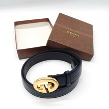 GUCCI グッチ 8120 70's レディース レザー ベルト Gロゴ バックル 金具 小物 ゴールド ネイビー レトロ 当時物 ヴィンテージ dn-23x1017_画像1