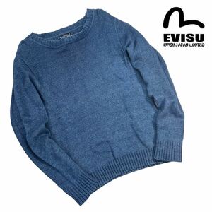 美品 EVISU エヴィスインディゴ染め 襟広 クルーネック ニット セーター サイズ38/M相当 藍染 ブルー 日本製 希少 コットン100% A3021