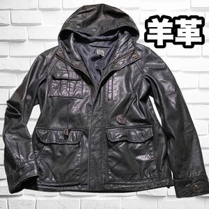 羊革 レザージャケット 革ジャン ミリタリージャケット M65 本革 黒 ブルゾン フィールドジャケット Mサイズ