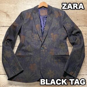 ZARA BLACKTAG テーラードジャケット ストレッチ 花柄 ネイビー Lサイズ デニム生地