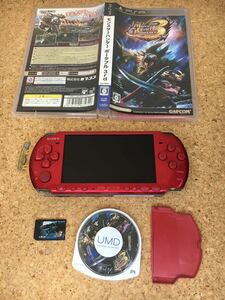 【値下げ、動作確認済】SONY PSP 3000 ラディアントレッド メモリースティック4GB付 モンスターハンターポータブル 3rd付
