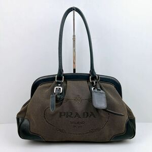 1円〜 PRADA プラダ ハンドバッグ トートバッグ キャンバス ロゴ レザー チャーム ブラック 黒色 ボストン ロゴジャガード コルダ 