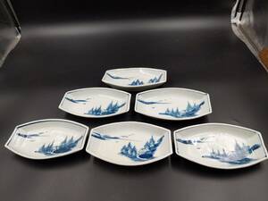 Art hand Auction Shop right 12-2 Schnäppchen Teezeremonie Utensilien Einzelne Teller Sashimi Teller 6 Stück Blau und weiß Retro Handbemalt, Geschirr, Japanisches Geschirr, Andere