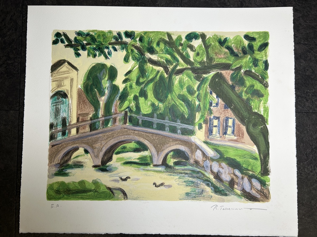 Ryoko Takemura EA 版本 有桥的风景 粉彩画 丈夫：Kenichi Takemura 签名 内部 接待处, 艺术品, 绘画, 粉彩画, 蜡笔画