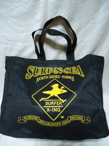 即決　ハワイ　ノースショア　SURF-N-SEA　エコバック　トートバッグ　28.5×33　黒色　ロゴ柄　美品