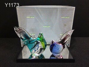Y1173S Multi Glass マルティグラス ガラス クリスタル 鳥 オナガ ペア 台付き 置物 芸術 ガラス 硝子