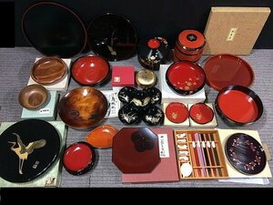 Y1208M 漆器 象彦 漆器のアソベ 春慶塗 鳥城彫 木製 他 お盆 お椀 重箱 茶卓 大量 まとめ