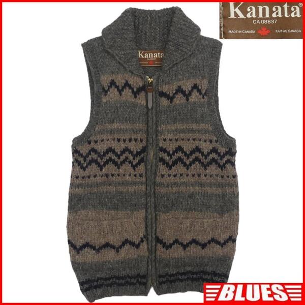 即決★カナダ製 KANATA★メンズXS位 カウチンセーター カナタ グレー カウチンベスト ニット セーター カーディガン ジップアップ
