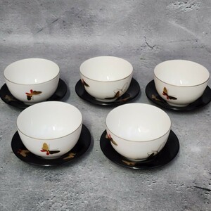 ハナエモリ　蝶文　茶托付湯呑揃　5客　未使用　/森英恵/茶器/和食器/陶磁器/