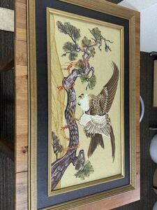  【刺繍画】松島文化刺繍 鷲と松の絵 糸の絵画 インテリア 縁起物 工芸美術