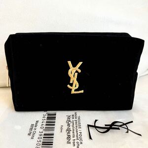 新品未使用 イヴ サンローラン 送料無料 YVES SAINT LAURENT コスメ ノベルティ ゴールド 化粧ポーチ ポーチ ブラック 刺繍 ロゴ ベロア