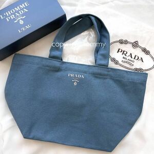 新品未使用 プラダ PRADA メンズ 送料無料 箱付き エコバッグ ロゴ レディース トートバッグ ランチバッグ　ブルー キャンバス ノベルティ