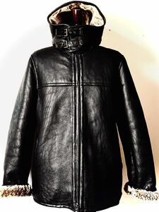 最高峰 定価218.000円 tethomme leathers 羊革 シープスキンラムレザー×リアルムートン フーデッド シングルライダース ジャケット 黒 L