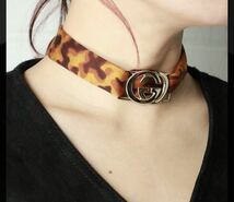 【良品】グッチ GUCCI レオパード スカーフ チョーカー インターロッキングG スカーフリング付き ブラウン GG buckle scarf choker_画像10