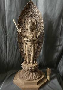 大型高62cm 井波彫刻　仏教工芸品　総楠製　極上彫　木彫仏像　馬頭観音菩薩立像