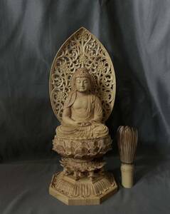 極上品　仏教工芸品　一刀彫　総ケヤキ材　木彫仏像　阿弥陀如来座
