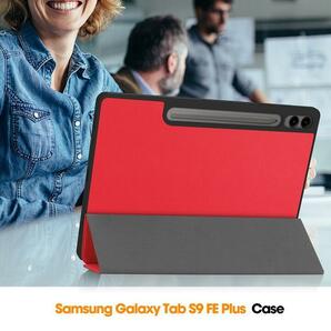 Galaxy Tab S9+/S9 FE+ 12.4インチ用 PU革 TPU 保護ケース 三つ折り ソフトケース Ｓペン収納 オートスリープ対応 赤の画像6