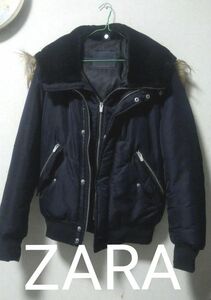 ZARA ダウンジャケット ファー フード 付き ダブルジップ取り外し ポケット多数 ザラ ネイビー 美品 モコモコフード S38