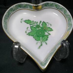 10X10CM 未使用◇自宅保管 ヘレンド アポニーグリーン ハート トレイ プレート HEREND