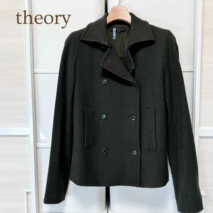 【クリーニング済み】theory セオリー 日本製 ピーコート ウール ショートコート アウター 2 (M) ダークオリーブ　レディース A5137