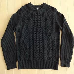 送料520円■UNIQLO ケーブルニット セーター L 黒■ユニクロ メンズ ウールセーター アクリル85% 毛15% ブラック black 凹凸 長袖