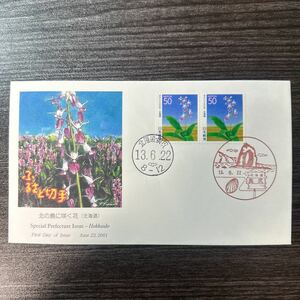 初日カバー　ふるさと切手ペーン・北の島に咲く花 （オクシリエビネ）（北海道）　2001年発行 風景印