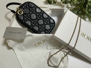 * прекрасный товар LADY DIOR phone держатель kana -ju овчина черный Mini сумка на плечо Dior Dior Christian Dior 