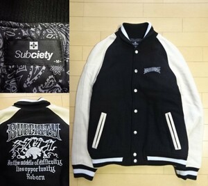 【SUBCIETY】刺繍ロゴ入り ウール スタジャン ブラック×オフホワイト SIZE:MEDIUM (サブサエティ)