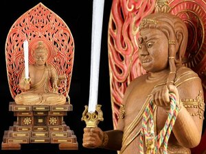 【流】仏教美術 彩色木彫不動明王坐像 高50cm TP785