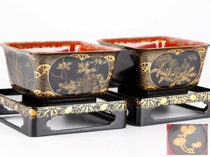 【流】時代漆器 蒔絵盃洗一対 台付 箱付 KS375