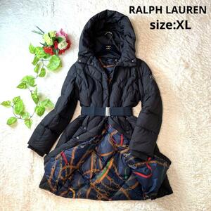 大きいサイズ★LAUREN RALPH LAUREN ラルフローレン　ダウンコート ジャケット XL 黒 ブラック スカーフ 総柄 赤 緑 青 ベルト レディース