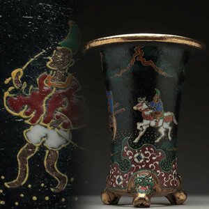 EO661 時代物 色絵金彩花唐草文三足富貴蘭鉢 高19.5cm・色絵金彩人物騎馬牛車文錦鉢・色絵三足蘭盆・植木鉢・盆栽鉢