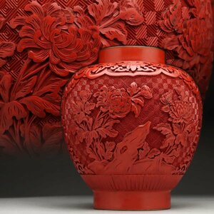 EN725 中国美術 唐物 堆朱花瓶 高18.3cm 重715g・堆朱牡丹文花入・銅胎剔紅雕漆牡丹紋賞瓶・銅胎剔紅雕漆花瓶 中国古玩