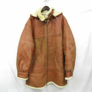 USA製 本革 サイズ XL 2way レザー ムートン ロング コート フード ジャケット ライト ブラウン 古着 ビンテージ 3D1301